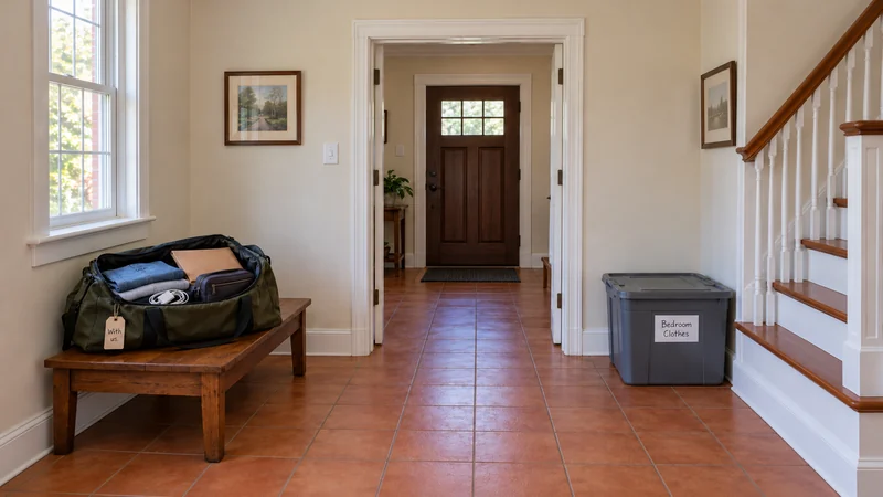 An open olive travel bag rests on a wooden bench, separately from a closed Bedroom Clothes tote beside the staircase.
