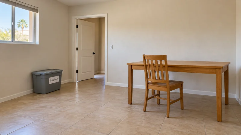 A wooden writing desk and matching chair stand in a tiled receiving room, with a closed Study Papers tote near the open doorway.