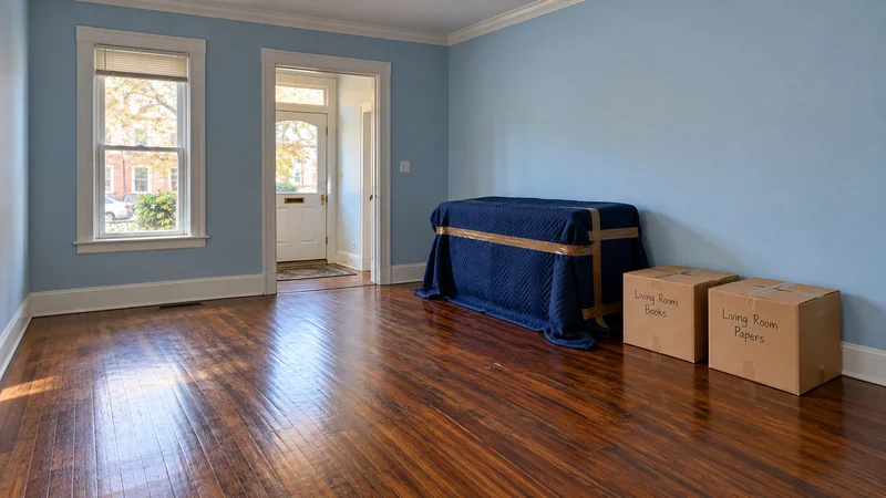 A blue-quilt-covered cabinet and sealed Living Room Books and Living Room Papers cartons stand beside the clear row-house entrance route.