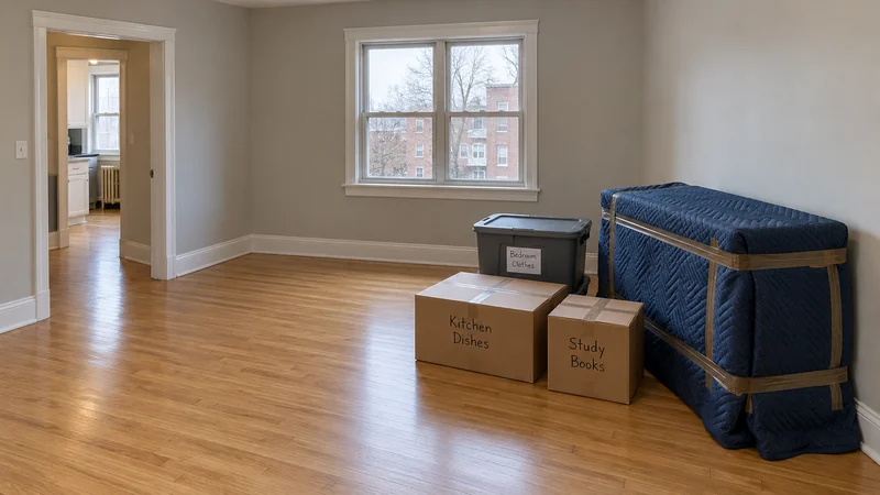 A quilt-protected furniture piece, two sealed cartons and a closed Bedroom Clothes tote form a compact group beside the clear apartment passage.