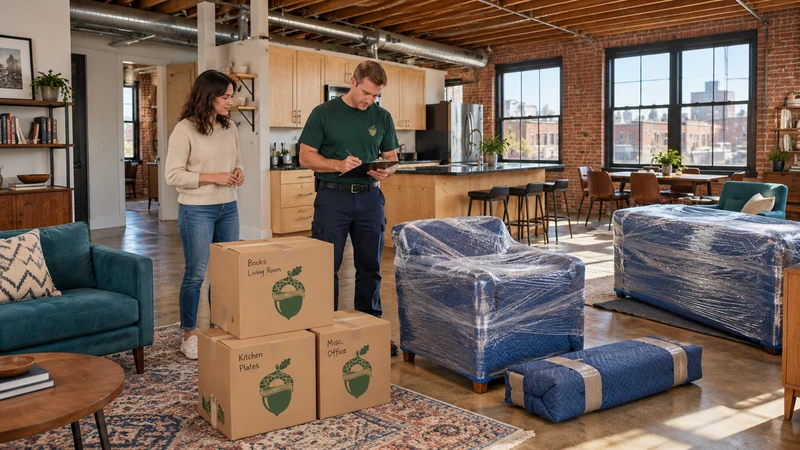 A mover writes on a clipboard beside a resident, three closed labeled cartons, protected seating and a closed padded bundle in a brick loft.