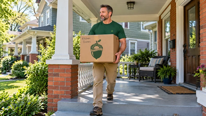 Porch pickup for a Cleveland, OH long distance move A mover carries a closed Kitchen Dishes carton along a covered porch with brick columns, white railings and shallow steps.