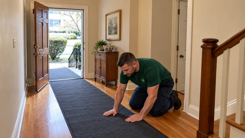 A kneeling mover smooths a dark protective runner inside a wooden front door beside an oak staircase, with short outside steps and an iron railing visible.