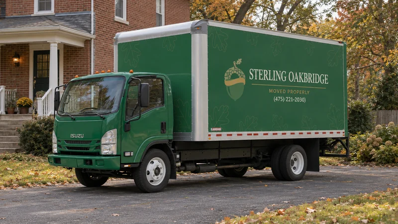 Truck access for a Columbia, MD long distance move A green Sterling Oakbridge box truck stands beside a red-brick house with porch columns, steps and autumn trees.