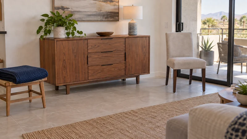 Furniture placement after a Columbia, MD long distance move A walnut sideboard and upholstered chair stand in a furnished receiving room, with a folded blue quilt on a separate woven bench.