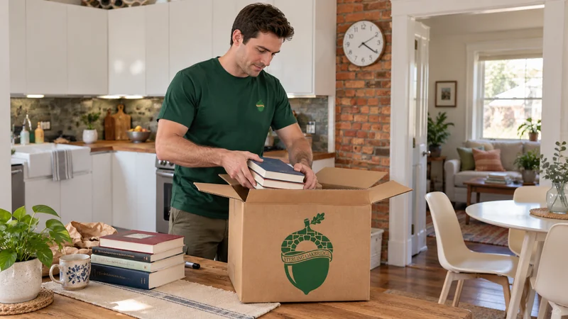 A mover holds two books above an open kraft carton on a wooden kitchen table, with more books waiting beside it.