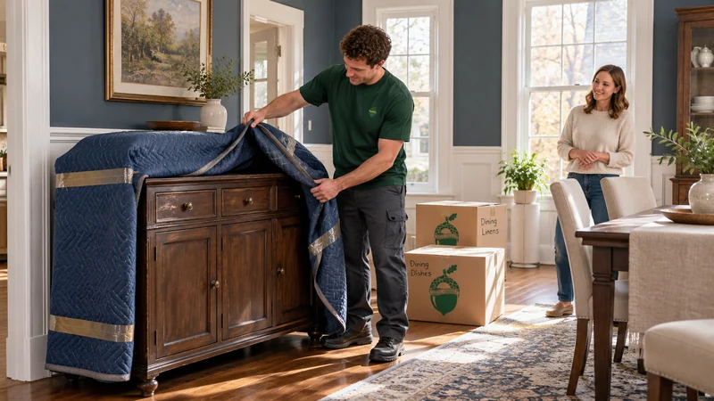 Mover lifts a blue moving blanket from a wooden cabinet beside a dining table while a resident watches in the receiving room.