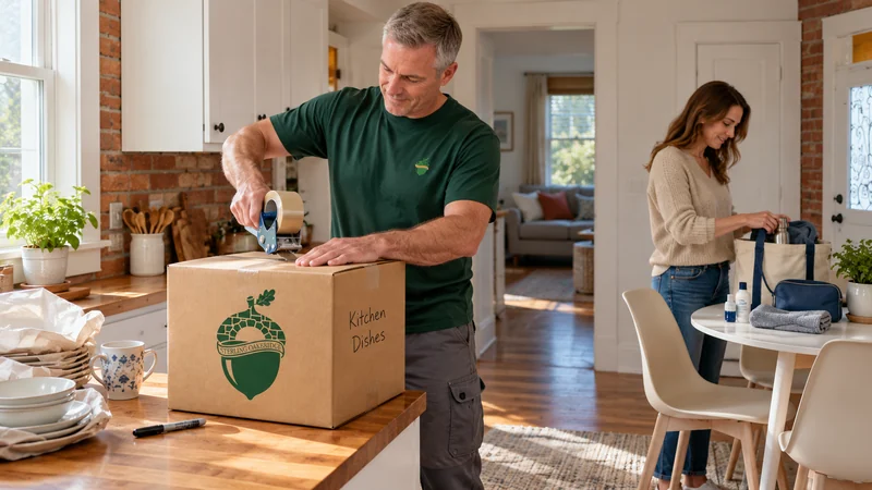 A mover uses a tape dispenser on a Kitchen Dishes carton while a resident prepares a personal bag at a separate table in a brick-accented kitchen.