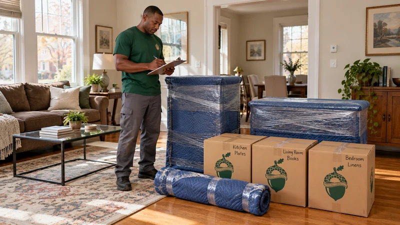 A mover writes on a clipboard beside two protected furniture bodies, a padded component bundle and three labeled cartons in a furnished living room.
