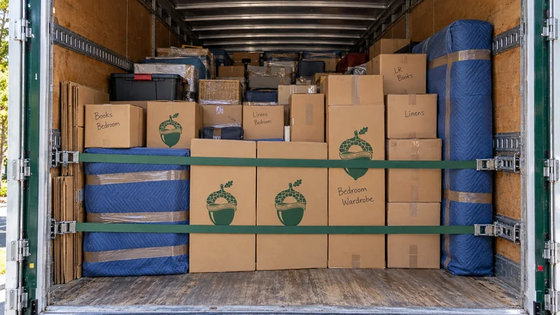 A direct shipment load for Danbury, CT long distance moving Closed cartons, protected furniture and a lidded tote form a mixed load behind two green crosswise cargo straps inside an open moving truck.
