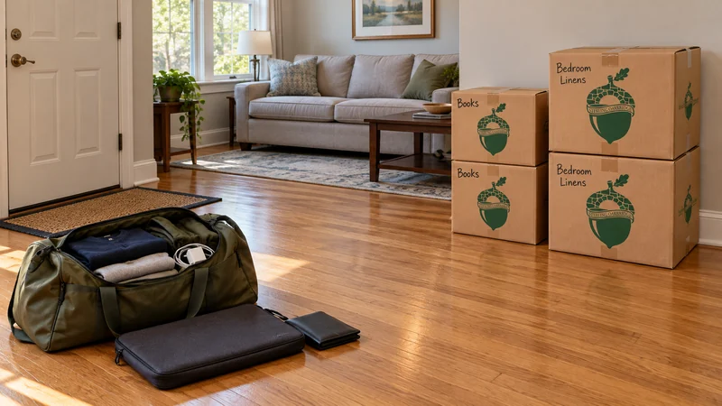 Personal essentials for a Danbury, CT long distance move An open olive duffel holds folded clothes and a charger beside a laptop sleeve and closed wallet, separate from stacked Books and Bedroom Linens cartons in a furnished living room.