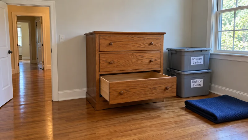 Drawer preparation for an Elizabeth long distance move An empty lower drawer remains installed in a three-drawer wooden chest beside two closed Bedroom Clothes totes and folded moving quilts.