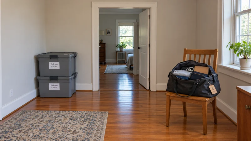 Travel essentials during an Elizabeth long distance move An open black travel bag rests on a wooden chair, separately from two closed Bedroom Clothes totes beside the bedroom doorway.
