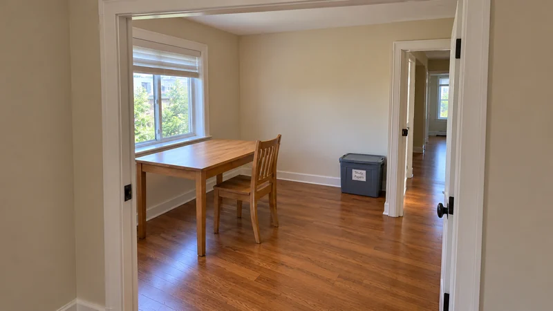 Study receiving after an Elizabeth, NJ long distance move A wooden writing desk and matching chair stand beside the window, with a closed Study Papers tote near the connected hallway.