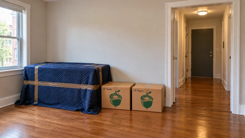 Furniture preparation for an Elizabeth, NJ long distance move A blue-quilt-covered cabinet and two sealed cartons labeled LR Books and LR Papers stand beside the clear apartment exit.