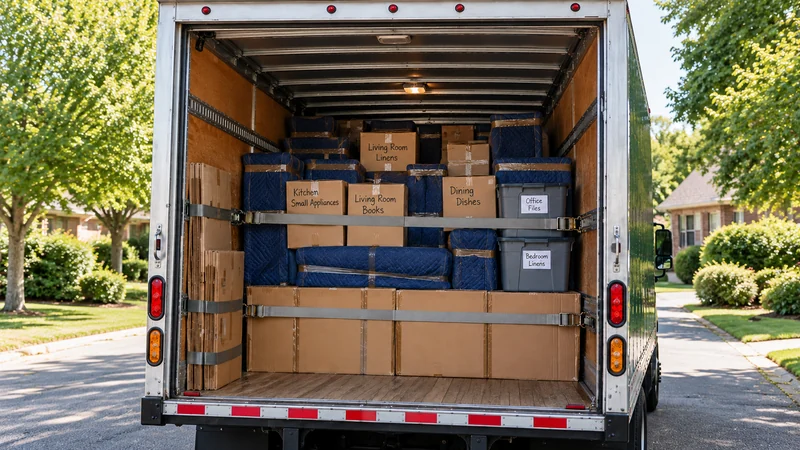 Secured household load for an Elizabeth long distance move Two gray restraints cross quilt-covered furniture, labelled cartons and right-hand totes, with flattened cartons retained along the truck’s left wall.