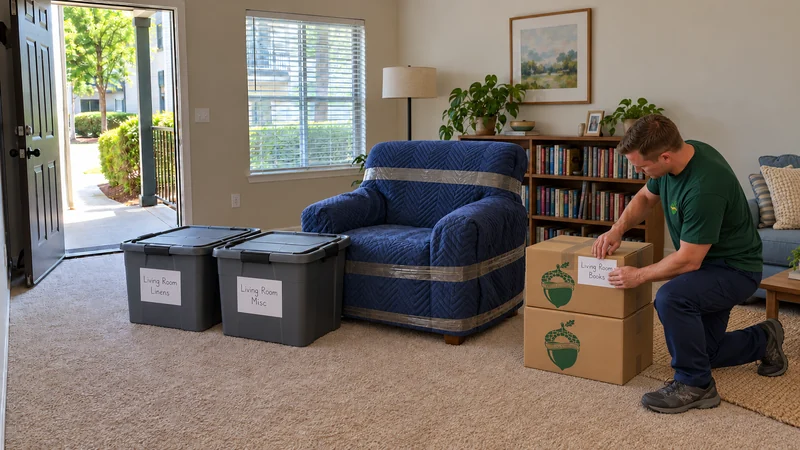 Labelling a selected smaller Fredericksburg long distance shipment A kneeling mover presses a Living Room Books label onto a small sealed carton beside a protected armchair and two closed household totes.