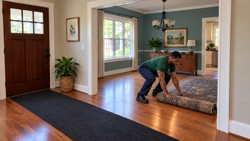 Rolling a rug before a Fredericksburg long distance delivery A male mover rolls a single patterned rug with both hands in a blue-green receiving room beside a clear entrance route.