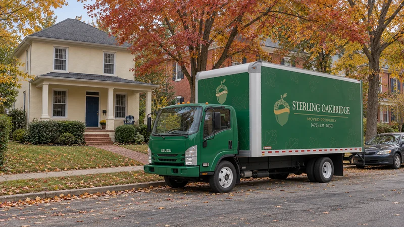 Planning truck access for a Fredericksburg long distance move A complete green Sterling Oakbridge moving truck stands at the curb outside a cream painted-brick porch house beneath autumn trees.