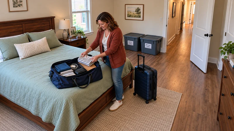 Packing a personal travel bag for a Fredericksburg long distance move A woman folds a striped shirt into an open navy holdall on a sage-covered bed, with a rolling suitcase nearby and closed household totes across the room.
