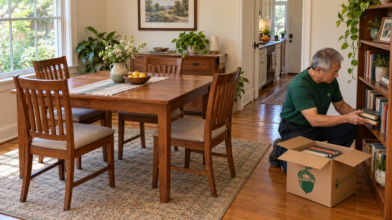 Unpacking books after a Fredericksburg long distance move A kneeling mover supports two hardback books at a reachable bookcase shelf beside an open small Book carton in a furnished dining room.