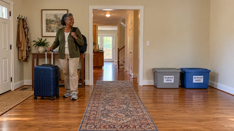 Personal travel luggage for a Gaithersburg long distance move A resident holds the extended handle of a navy rolling case and wears a black backpack, with two labelled shipment totes kept separately across the clear hallway.