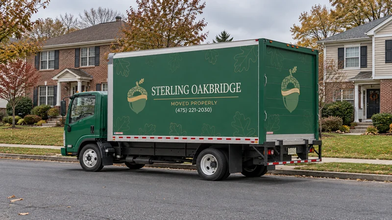 Moving truck at a Gaithersburg long distance pickup setting A complete green moving truck stands parallel to a residential curb outside brick and siding townhouses, with a separate sidewalk and front paths visible.