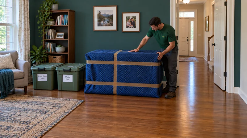 A standing mover checks the top and corner of a blue-blanket-protected furniture parcel beside closed Living Room Linens and Study Files totes.