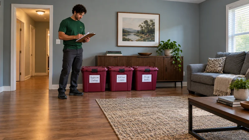 A standing mover writes on a clipboard beside three closed red totes marked Bedroom Clothes, Kitchen Linens and Study Books in a blue-gray living room.