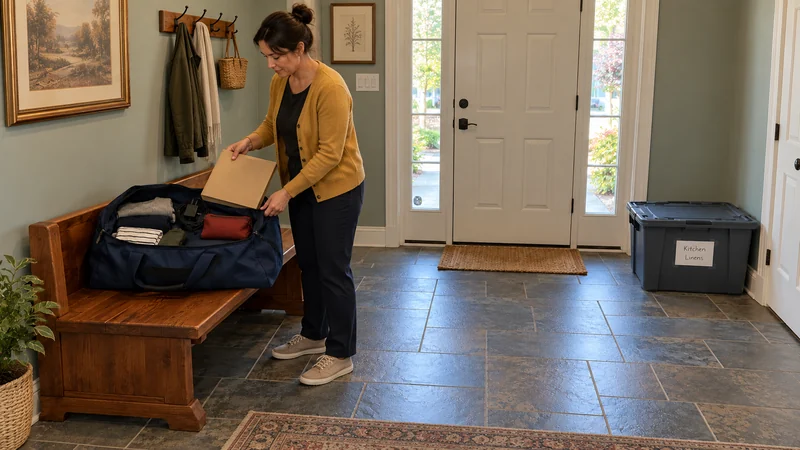 A resident holds a closed plain folder above an open navy travel bag on a wooden bench, apart from a closed Kitchen Linens tote in a tiled entry.