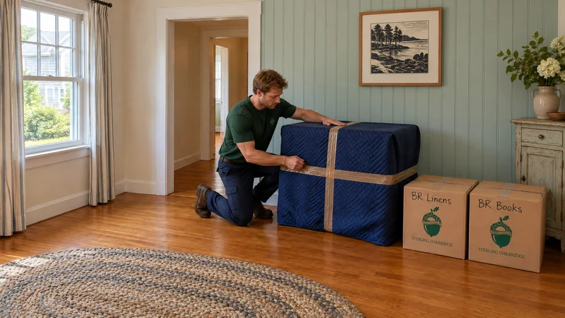 A kneeling mover checks the quilt and tape on a protected chest beside BR Linens and BR Books cartons in a seafoam-paneled room with a clear hallway.