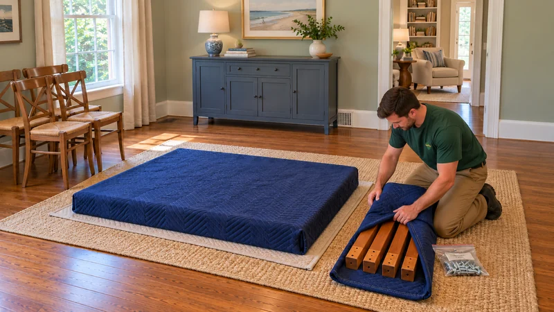 A mover folds one shared blue blanket around four table legs beside a shallow, fully quilt-covered tabletop and a separate hardware bag.