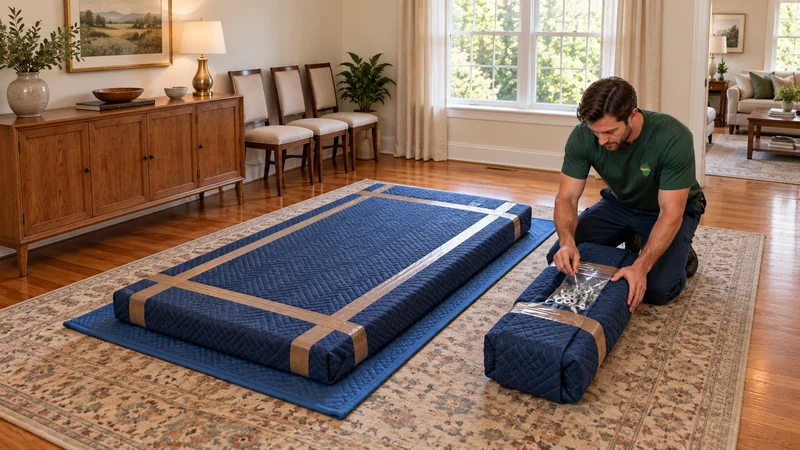 Keeping protected table parts together for a Lakewood, NJ long distance move A mover checks a hardware bag beside one blanket-wrapped leg bundle and a thin protected tabletop in a furnished dining room.