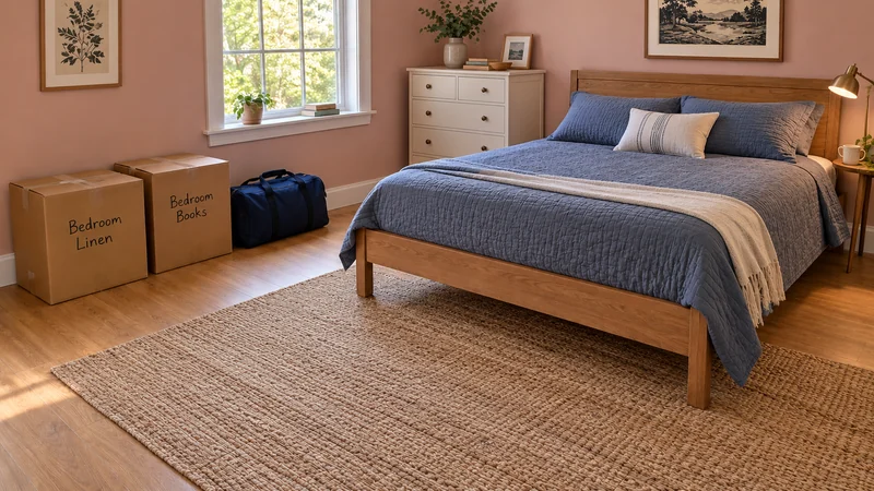 First-night bedroom after a Lakewood, NJ long distance move An oak bed with a slate-blue quilt stands in a dusty-pink bedroom beside two closed Bedroom Linen and Bedroom Books cartons and a blue duffel.