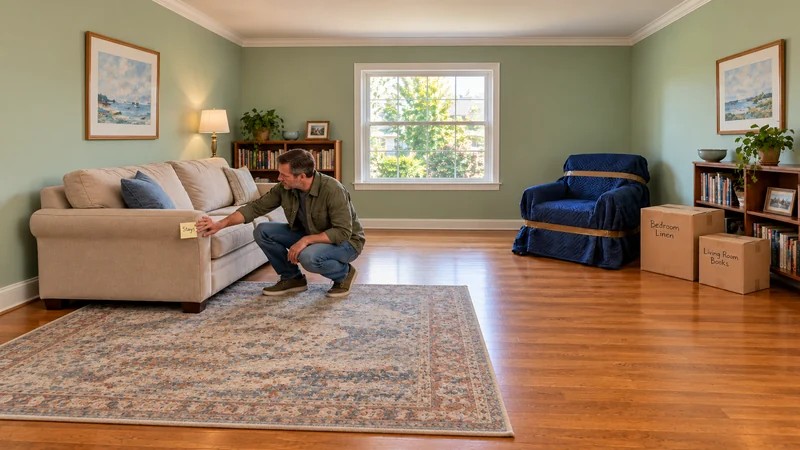 Selected belongings for a Lakewood, NJ long distance move A resident presses a Stays note onto an unwrapped beige sofa, apart from a protected chair and two labeled cartons in a sage-green living room.