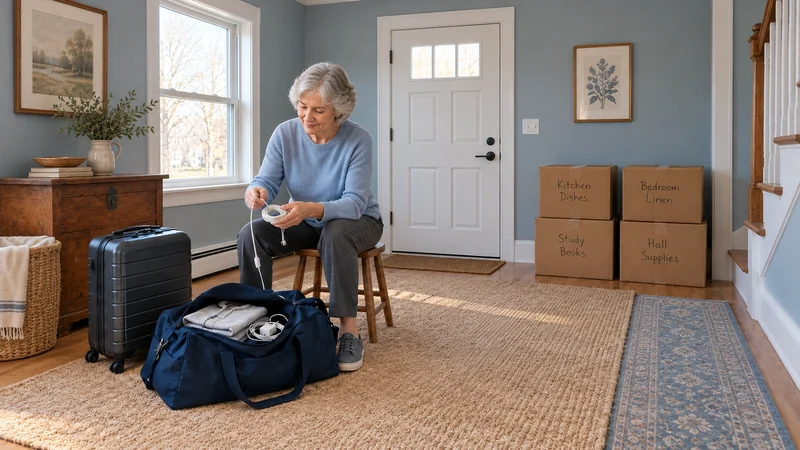 Travel essentials before a Lakewood, NJ long distance move An older woman winds a charging cable above an open blue duffel beside a closed roller case, apart from four labeled household cartons.