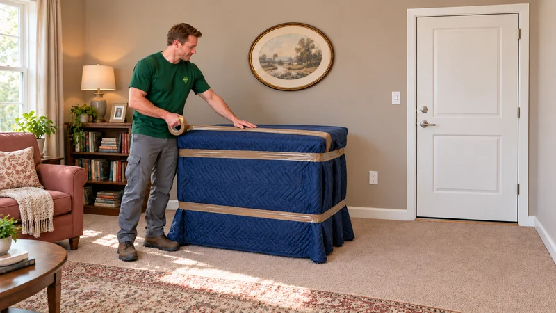 Securing furniture blankets before a Lakewood, NJ long distance move A mover applies brown packing tape to blue furniture blankets in a furnished living room beside a rose chair and bookcase.