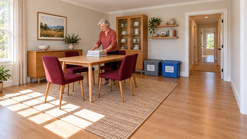 A resident arranges folded linen on an oak table surrounded by four matching burgundy chairs, with a sideboard, glazed cupboard and separate closed totes.