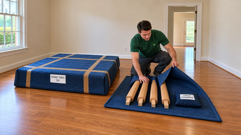 A kneeling mover folds a navy quilt beside four matching removed table legs, with a protected dining tabletop and a labelled hardware pouch nearby.
