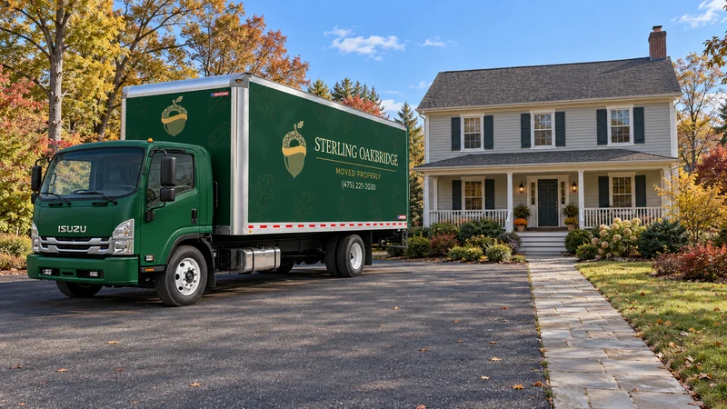 A complete green moving truck stands beside a two-story porch house, with a separate stone path leading to the front steps and doorway.