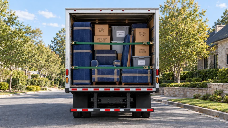 The open rear of a moving truck shows quilt-protected furniture, closed labelled cartons and lidded totes held by two horizontal green cargo straps.