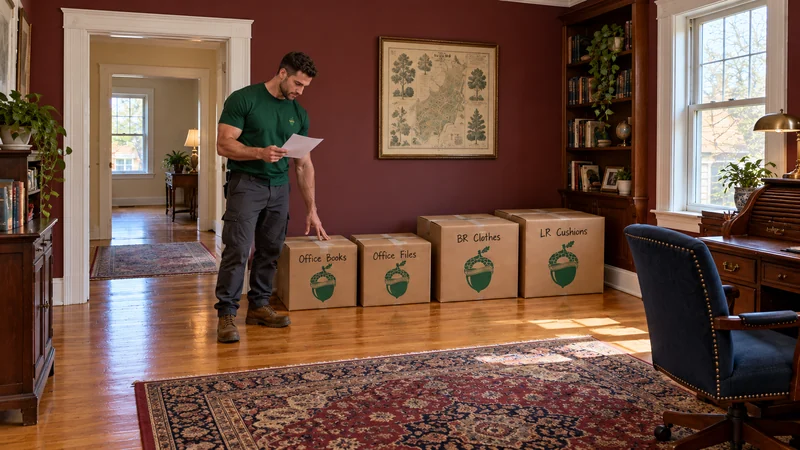 Selected shipment inventory for a Littleton, NH long distance move A mover checks a paper shipment list beside four closed cartons labeled Office Books, Office Files, BR Clothes and LR Cushions in a burgundy study.