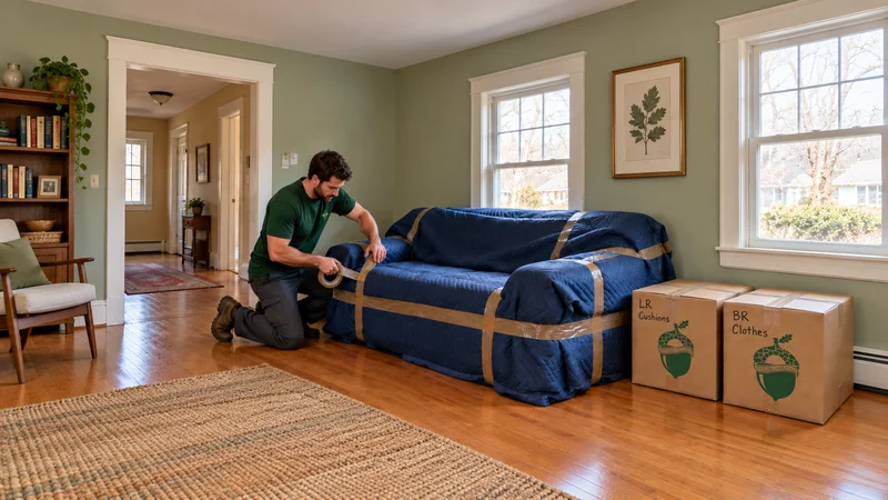 Sofa protection for a Littleton, NH long distance move A kneeling mover feeds brown tape from a roll and presses the protection around a blue-blanket-covered sofa beside two labeled cartons in an older living room.