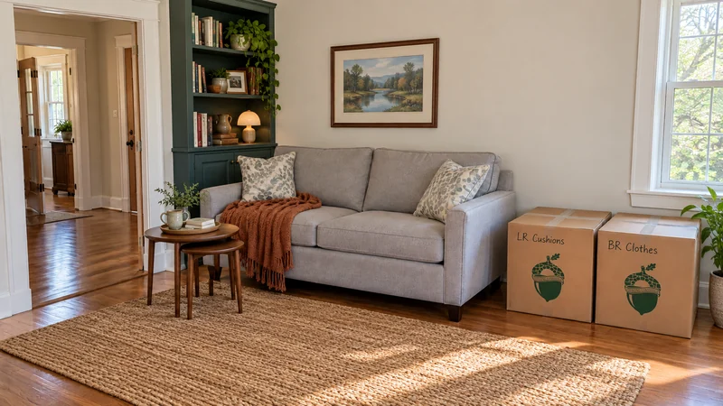 Living room arrival for a Littleton, NH long distance move A gray sofa with a rust throw stands beside two closed labeled cartons in a sitting room with a teal bookcase, nesting tables and a clear hallway.