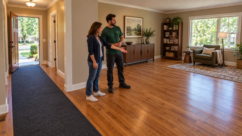 Furniture placement for a Mechanicsville, VA long distance move A resident gestures toward an open furniture position while a mover listens beside a floor runner through the open front doorway of a furnished room.