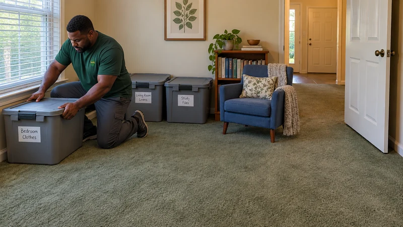 Selected container check for a Mechanicsville, VA long distance move A kneeling mover presses the lid of a Bedroom Clothes tote beside separate Living Room Linens and Study Files totes in a carpeted room with a clear entry route.