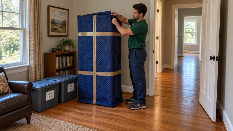 Furniture protection for a Mechanicsville, VA long distance move A mover folds the upper edge of a navy protective quilt over a tall furniture parcel beside two closed Study Books totes and a clear hallway.