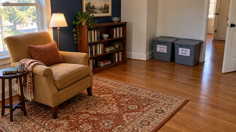 Reading-room placement after a Mechanicsville, VA long distance move A beige reading chair and a partly filled wooden bookcase form a furnished corner with an indigo accent wall, while closed Living Room Linens and Study Books totes remain beside the clear hallway.