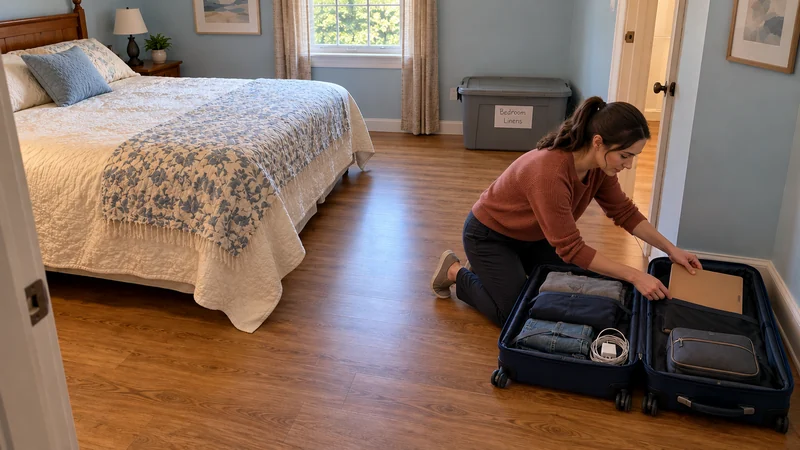 Travel documents for a Mechanicsville, VA long distance move A kneeling resident lowers a closed tan document wallet into an open personal suitcase in a blue bedroom, with clothing and a charger accessible and a Bedroom Linens tote kept separately.