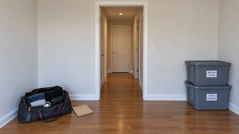 Travel essentials during a Morristown long distance move An open black travel bag and closed folder sit separately from stacked Bedroom Clothes and Kitchen Essentials totes beside the hallway.